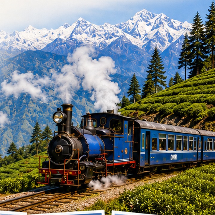 Darjeeling Himalayan Railway train among tea gardens and mountains