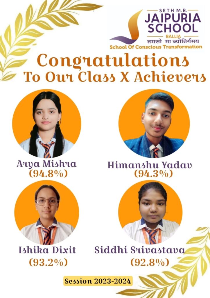 Jaipuria School award poster highlighting Class X achievers with four student portraits and their scores: Arya Mishra 94.8%, Himanshu Yadav 94.3%, Ishika Dixit 93.2%, Siddhi Srivastava 92.8%.