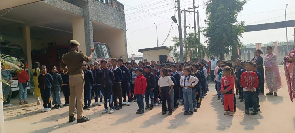 Students participating in a fire drill and safety awareness activity